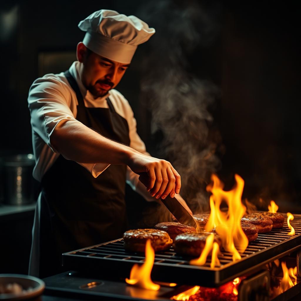 Chef grilling burgers