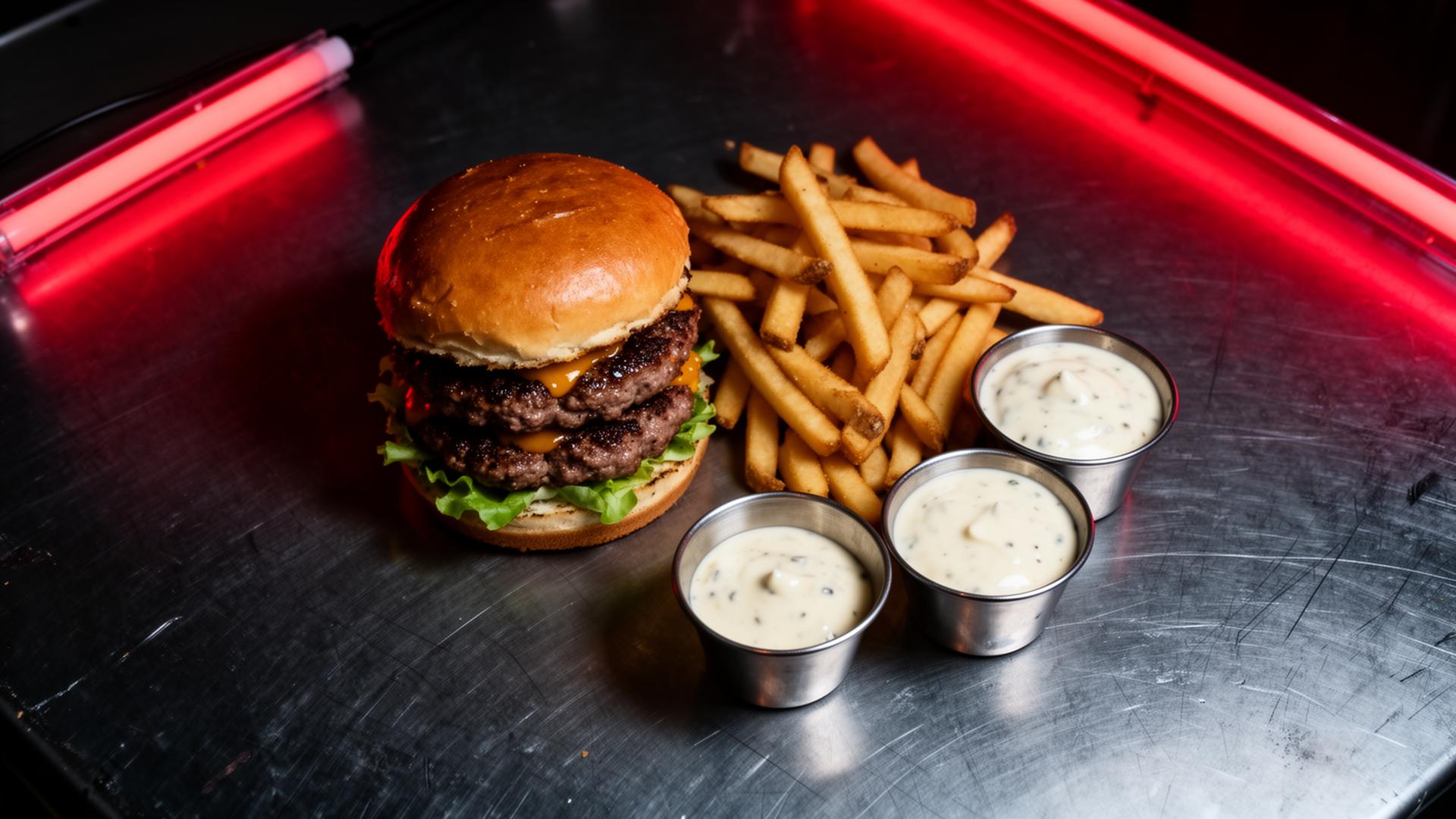 Smash burger with fries and dipping sauces